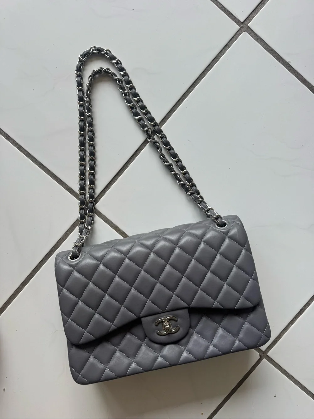 CHANEL Quilted Classic Flap Shoulder Bag in Gray